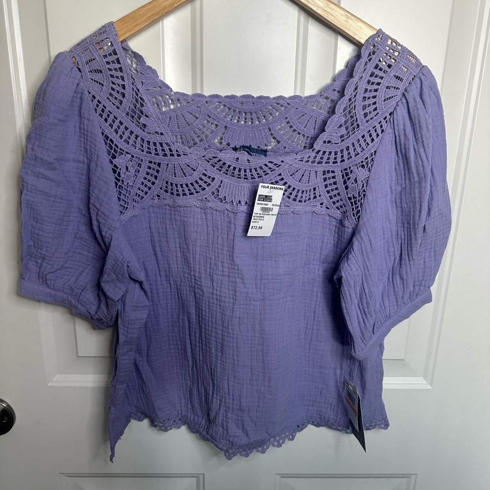 Democracy Lavender Crochet Yoke Puff Sleeve Blouse